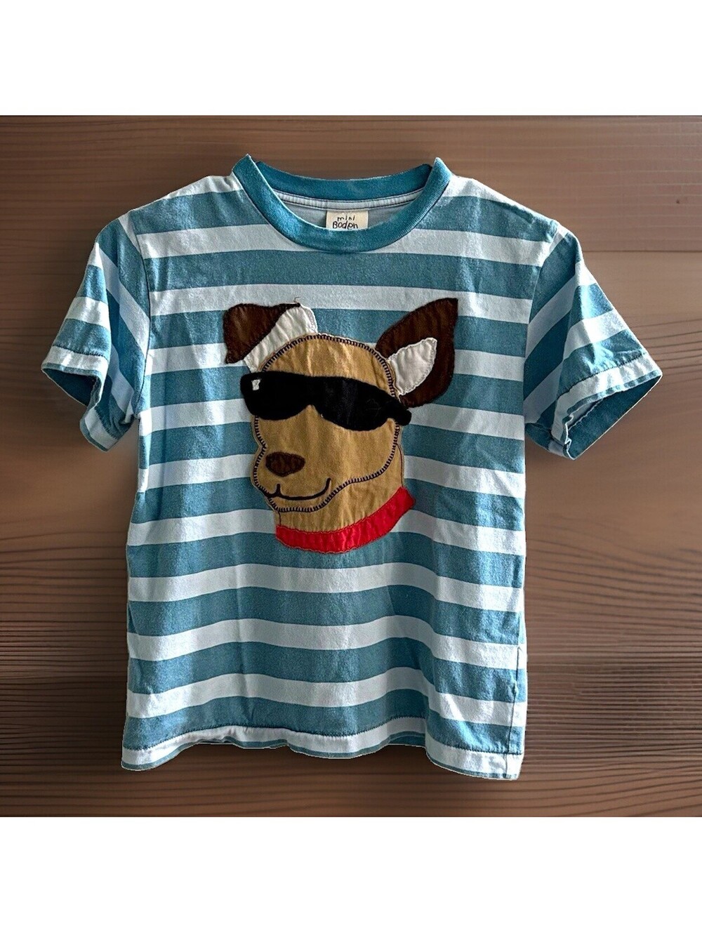 Mini Boden Boys 9-10Y Dog Sunglasses Applique Striped T Shirt Blue Cotton